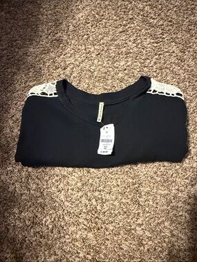 Emma & Sam Black Top with Cream Crochet Shoulders